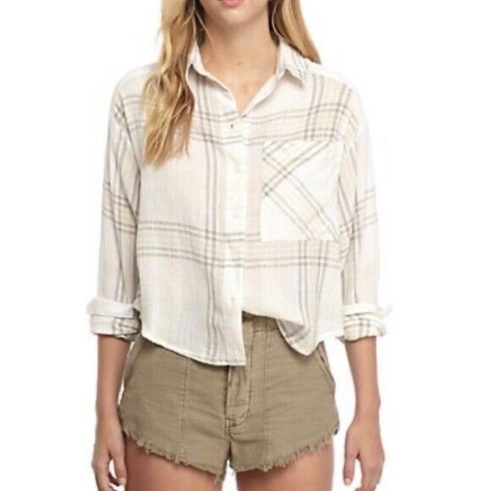 Free People Cropped Cutie Plaid Shirt Dolman Sleeve Metallic Detail Size XS A27